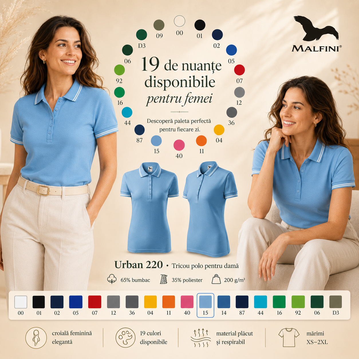 Tricou polo damă cu dungi la guler disponibil &icirc;n 19 nuanțe